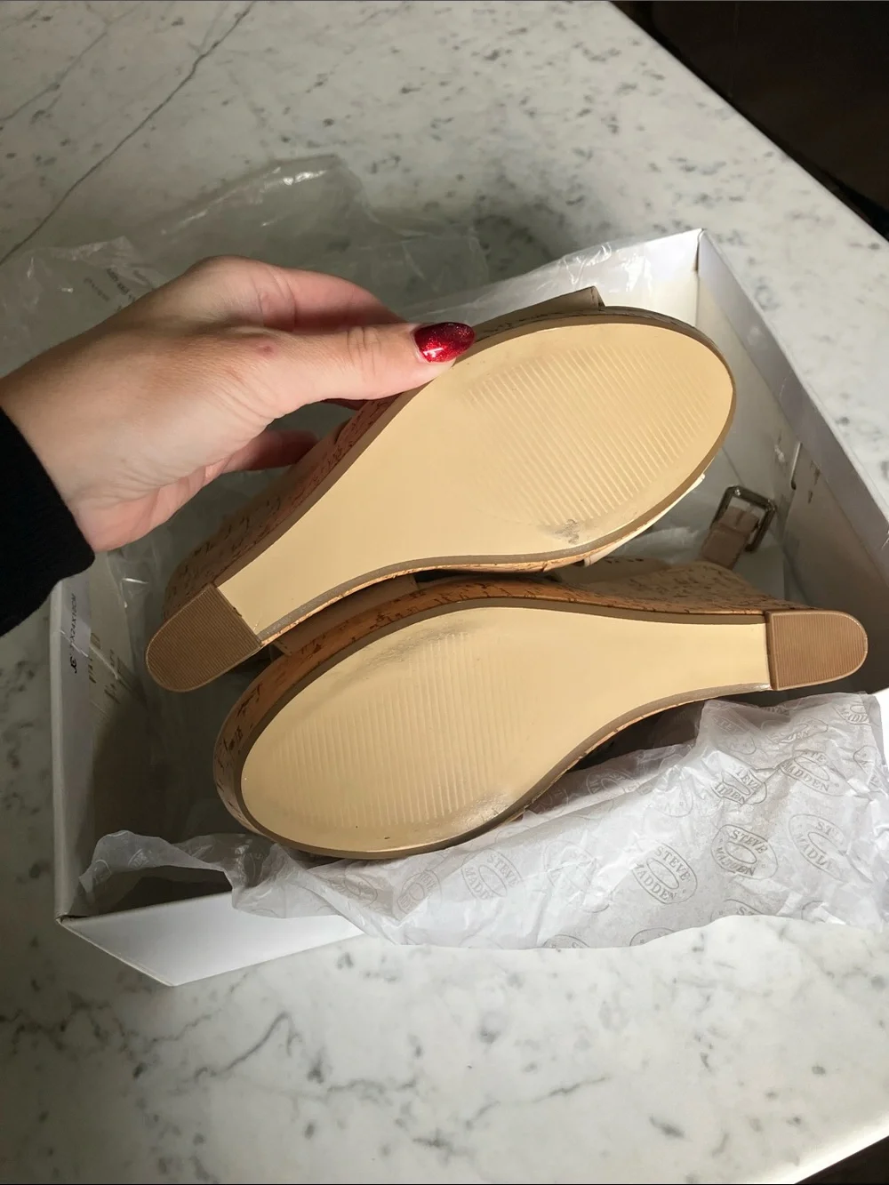 Steve Madden Beige Laser-Cut Cork Wedge Slingback